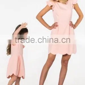 High Quality Pink Ruffles Sleeves Mommy And Baby Matching Short Frock Designs Dress Women Casual thumbnail-1
