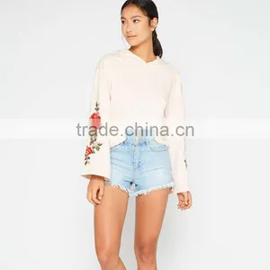 Relaxed Fit Cotton Clothing Kimono Sleeve Embroidered Hoodie for Women thumbnail-3