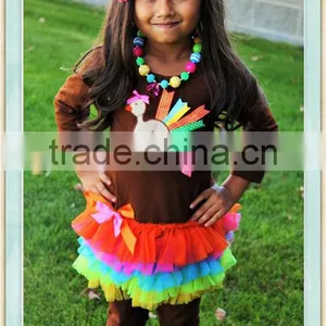 Rainbow Turkey Ruffle Outfit Set Appliqued Brown Long Shirt Girls Boutique Outfit With Rainbow Dress Kids Clothes Girls Clothing thumbnail-1