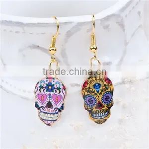 New Fashion Cheap Gold Plated Multicolor Halloween Sugar Skull Earrings thumbnail-2