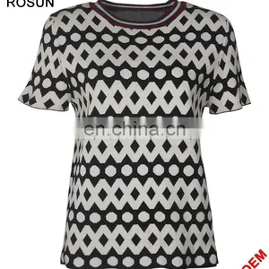 Acrylic Flat Knitted Sweater for Women as Stripe Collar Short Sleeve Polka Dot T-shirt of Latest Design Girls Top thumbnail-1