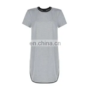Latest Grey Contrast Trim T-Shirt Dress Short Sleeve Fashion Women Long T-shirt thumbnail-4