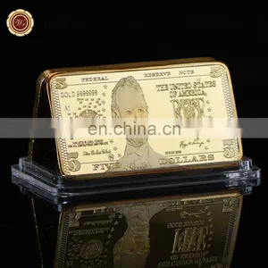 WR 24k Gold Plated Bar USA 5 Bill Dollar Souvenir Coins Fake Bars Quality Us Art Metal Coins for Collection Businesse Gift thumbnail-1