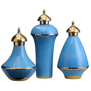New Chinese Style Creative Jingdezhen Blue Gilded Ceramic Decoration Vase For Hallway thumbnail-5
