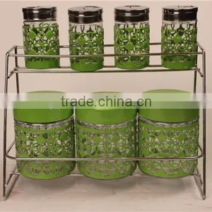 Glass Spice Jar Bottle Set Glass Canister With Light Green Metal Shelf thumbnail-2