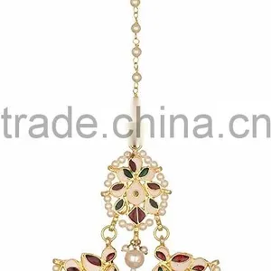 NAVRATAN Kundan Jadau Earring Tikka Gold Plated Chand Bali Set thumbnail-3