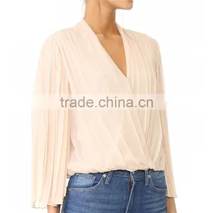 2017 OEM Long Bell Sleeves Surplice Neckline Deep Pleated Blouse thumbnail-6