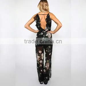 Plunge Open Leg Ladies Jumpsuit Floral Print New Design Clothing thumbnail-5