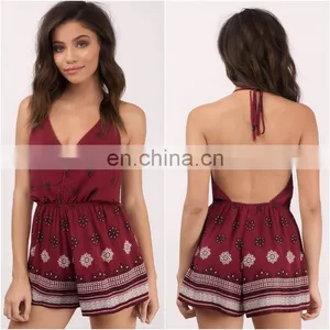 Rayon Halter Neckline Location Print Backless Romper Women thumbnail-1