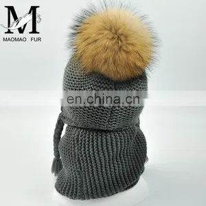Kids Customized Design Wool Collar Raccoon Fur Pom Cashmere Knitted Hat and Scarf thumbnail-6