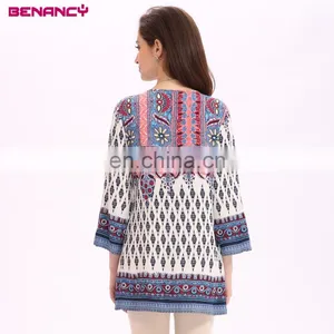 2017 Hot Selling In Stock Women Summer Boho Border Printed Tunic Tops thumbnail-3