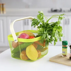 New Kitchen Toy Bath Fruit Flower Metal Wire Mesh Storage Cube Baskets With Wood Handle thumbnail-1
