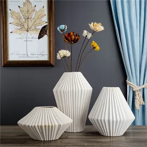 Pleated Battle Frosted White Geometry Three-Piece Ceramic Vase For Soft Decoration thumbnail-1