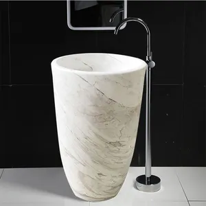 Modern Freestanding Bathroom Hand Wash Basin Natural Stone Carrara Marble Stone Pedestal Sink for Home Hotel Villa Bathroom Washbasin thumbnail-5