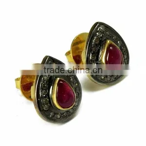 Cambridge !! Ruby & Diamond 925 Sterling Silver Earring, Studs SIlver Earring, 925 Sterling Silver Jewellery thumbnail-2
