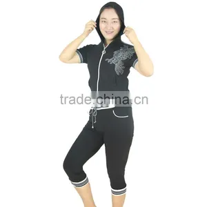 Women Short Sport Jogging Suit Cotton Jersey Shiny Emb. & Print Full Zipper Hooded thumbnail-3