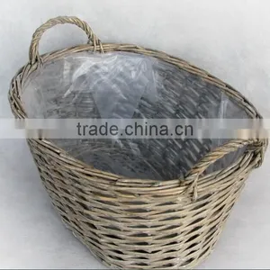 100%Handmade Plastic Lined Grey Wicker Baskets for Plants Wicker Flower Plant Pot thumbnail-1