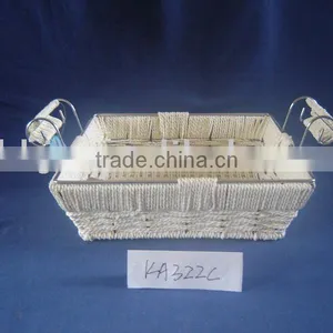 White Rattan Woven and Iron Frame Rectangle Sundry Basket With Ear Handle thumbnail-1