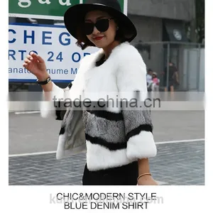 Trendy Rabbit Fur Coats For Women Winter Warm Natural Real Fur Coat Short Patchwork Strip Korean Style O-neck Jackets Customized thumbnail-5