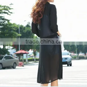 MOQ 1pc Hot Sale With Chiffon and Lace Patchwork Cardigan Long Lace t Shirt,t Shirt Women thumbnail-2