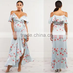 Mature Women Floral Wrap Dresses 2018 Cold Shoulder Frill Maxi Dress thumbnail-3