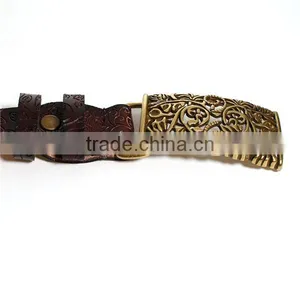 Cowhide Leather Belt Waistband Rectangle Antique Bronze Dark Coffee Flower Leaves Carved thumbnail-2