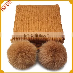Colourful Knitted Adult Pom Pom Wholesale Fox Fur Scarves thumbnail-1