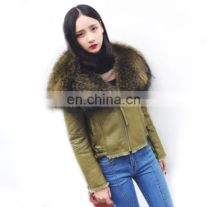 High Fashion Red Real Leather Jackets for Women / Raccoon Fur Collar Leather Jacket Made in China thumbnail-1