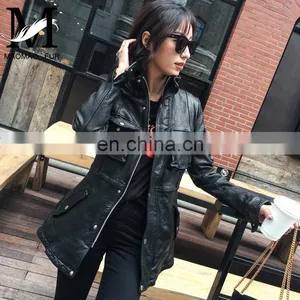 High Quality Popular Young Women Real Sheep Leather Garment Spring Ladies Long Black Coat thumbnail-1