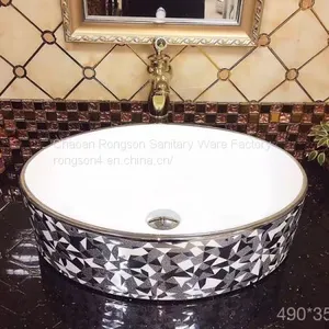 Good Sale Bathroom Tabletop Ceramics Luxury Round Shape no Hole Big Size Slivery Decoration Wash Hand Art Basin Sink thumbnail-1