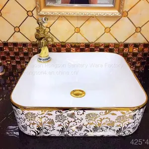 Hot Sale Ceramic Round Modern Luxury Golden Single Hole Wash Basin Price Bathroom Basin With Gold Decorative thumbnail-2