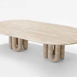 Light Luxury Natural Travertine Marble Stone Coffee Table Modern Minimalist Oval Coffee Table With Roman Column Base thumbnail-1