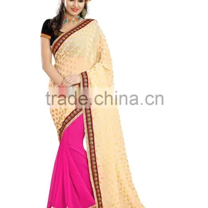 Beige and Pink Color Saree of Embroidery thumbnail-1
