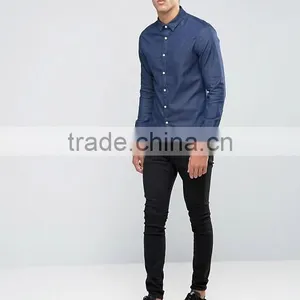 Guangzhou High Quality Custom Long Sleeve Spread Collar Mens Cotton Elastane Stretch Denim Casual Navy Solid Shirts thumbnail-4