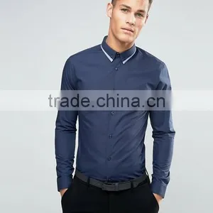 Guangzhou High Quality Custom Long Sleeve Spread Double Collar Chest Pocket Mens 65% Polyester 35% Cotton Casual Navy Shirts thumbnail-1