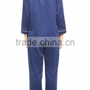 Hot Sale Women Long Pajamas Set Long Sleeve Button Top With Long Pants White Piping Pyjama Set Navy Blue thumbnail-2