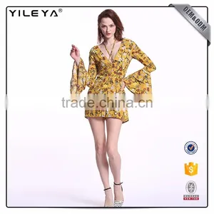 Customizable Printing V Neck Bell Long-Sleeved Jumpsuit For Women thumbnail-4