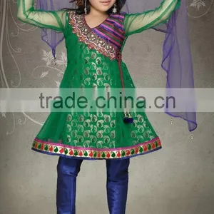 Green Color Benaras Cloth All Over Stylish Salwar Kameez Sizzling Girls Ready Made thumbnail-1