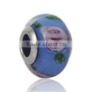 Lampwork Glass European Style Large Hole Beads Round Blue Transparent Pink Flower With 304 Stainless Steel Silver Tone Core thumbnail-1