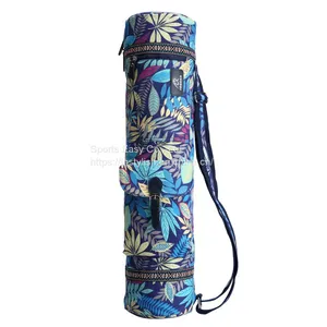 Flower Printed Canvas Yoga Mat Bag With Inside Pockets and Shoulder Carrying Strap thumbnail-4