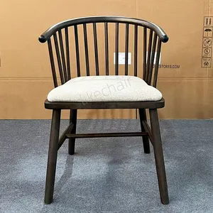 Nordic Style Solid Rubber Wood Windsor Dining Arm Chair Soft Linen Cushion Ergonomic Curved Backrest Durable Hotel Dining Chair thumbnail-1