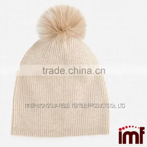 Cashmere Fur Pom Poms Beanie Fashion Winter Hat for Young Girls thumbnail-2