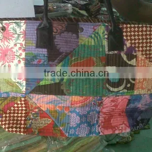 Leather Handle Shopping Bags With Kantha Tukri Patchwork thumbnail-1
