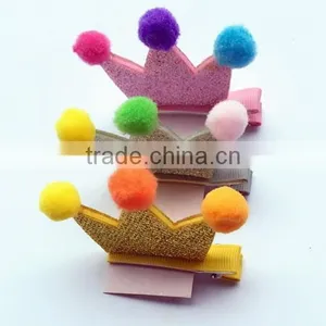 China New Design Cute no Slip Princess Crown Polyester Hair Clips Fabric Hairpin With Sequin Pompon for Bulk Boutique thumbnail-1