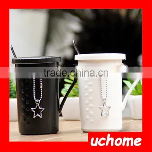 UCHOME Ceramic Romantic Matching Couple Coffee Mugs With Lid And Spoon Pendant Coffe Cup thumbnail-1
