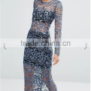 Good Quality Fashion Petrol Blue Bandeau Underlay Kick Split Lace Open Back Dress thumbnail-2