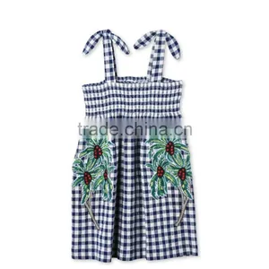 2017 Embroidered Palm Print Design Check Dress Boutique Girl Clothing With Embroidery Patch Childern Frock Model HSD5941 thumbnail-2
