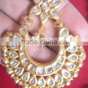 Kundan Jadau Earring Tikka Gold Plated Chand Bali Set thumbnail-3