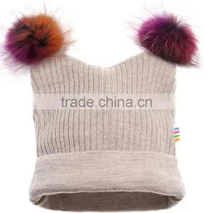 Myfur Wholesale Double Raccoon Fur Pom Poms Wool Striped Knitting Hat For Kids thumbnail-1
