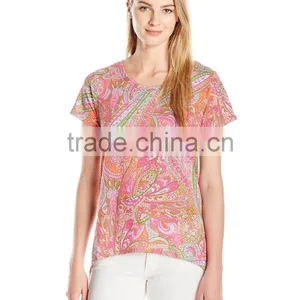 Women's Printed Slub Short Sleeve Neck In Cabana Paisley Print Customizable T Shirt thumbnail-1